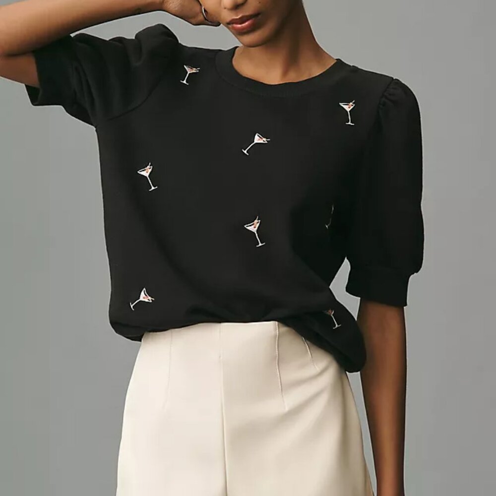 T.LA Anthropologie Sz XS Embroidered‎ Cocktails Puff Short Sleeve Sweatshirt Top